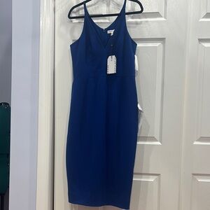 Dress the Population Blue V-Neck Sheath Midi Dress